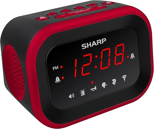 Sharp Big Bang Super Loud Alarm Clock for Heavy Sleepers, 6 Extremely Loud Wake Up Sounds: Rooster, Bugle, Nagging Mom, Jackhammer, Siren, Beep Up to 115db Volume, RedBlack with Red LED Display