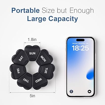Large Weekly Pill Organizer, Pill Box 7 Day, KAPENS Daily Vitamin Case Large Capacity Compartments, Pill Containers for Fish Oil Medicine Supplements, Black