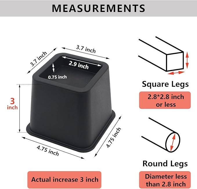 4 Pack Bed Risers 3 inch Furniture Risers, Heavy Duty Bed Lifts Risers for Table, Sofa, Chair, Couch, Desk, Bed Frame Risers Supports Up to 1,500 Lbs Black