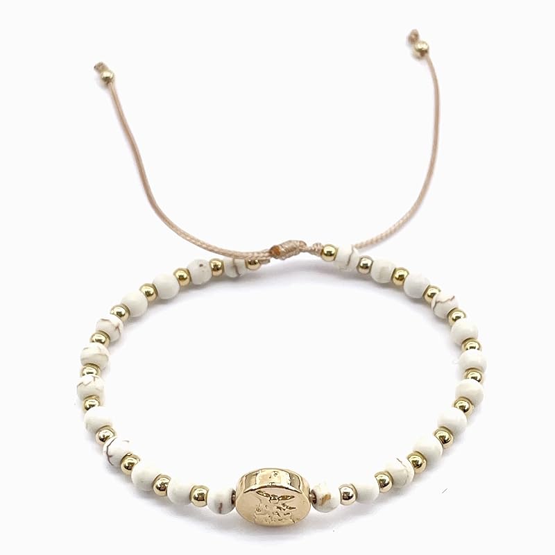 St Michael Archanel Coin and Natural Round White Turquoise Beads Adjustable Bracelet for Women (White Turquoise)
