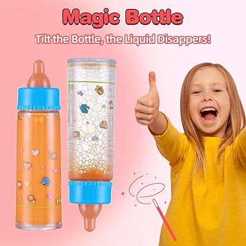 Magic Disappearing Milk and Juice Bottle with Pacifier,6 Pieces Pretend Play Feeding Toy Set with Package, Baby Doll Accessories for Girl