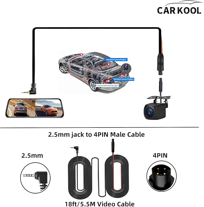 4-pin backup camera for Dash Cam HD 1080P mirror Front and rear view camera Super night vision Waterproof reversing camera 0.098 in Jack one end and 4PIN on the