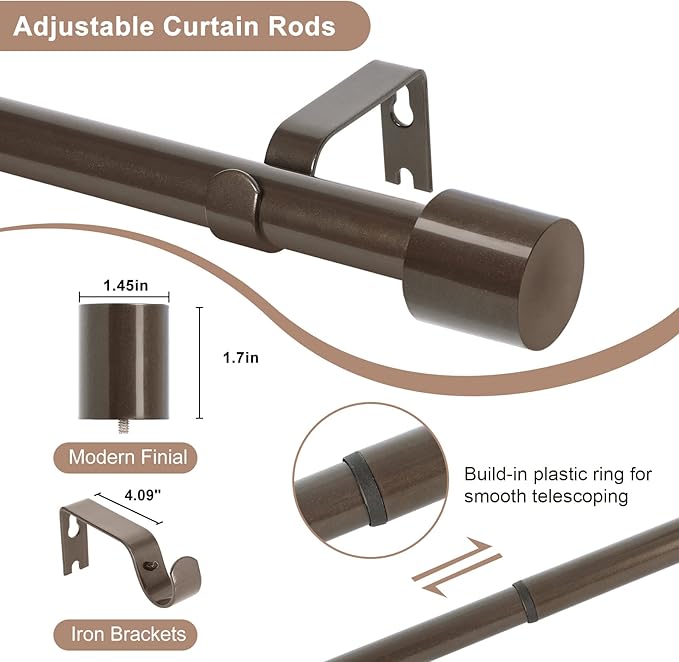 2 Pack Bronze Curtain Rods for Windows 66 to 144 Inch,1 Inch Diameter Heavy Duty Curtain Rods,Cylindrical End Cap Curtain Rod,Modern Adjustable Drapery Rods,Window Curtains Rod 66-144",Antique Bronze