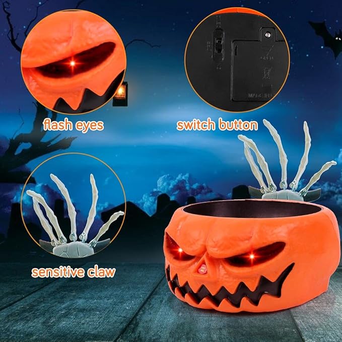 XOYTN XIMISHOP Animated Halloween Skull Bowl, Pumpkin Candy Dish With Creepy Moving Skeleton Hand for Party Decoration