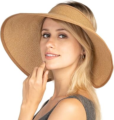 Women Sun Visors Foldable Straw Hats Summer Beach Packable Hat Floppy Wide Brim Cap Deep Style, Adjustable Size