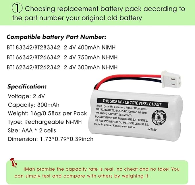 iMah BT162342BT262342 2.4V 300mAh Ni-MH Cordless Phone Battery Pack, Also Compatible with BT183342BT283342 ATT EL52351 TL90070 VTech CS5119 DS6511 DS6722 LS6305 Handset, 2-Pack