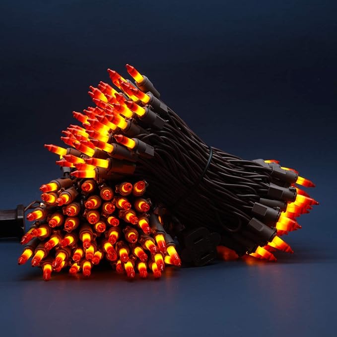 200 Count Orange Christmas Lights, Pack of 2 Strands 100 Count 33 ft Brown Wire UL Listed Halloween String Light (Orange)