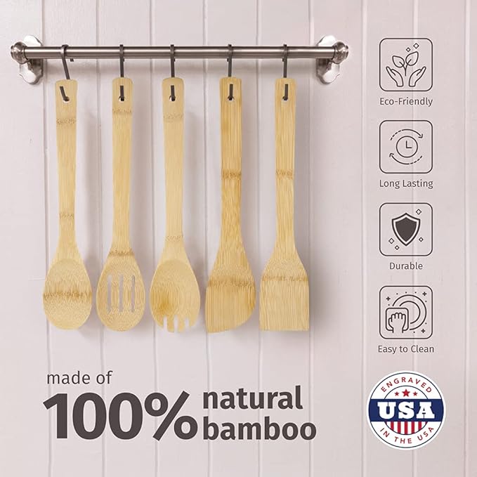 PrintSupremacy Bamboo Cooking Spoons Set, Non Stick Wooden Kitchen Gadget Pan Cookware, Baking Gift for Housewarming Wedding Birthday, Chef Foodie Gift (Plain, 1 Piece - Angled Spatula)