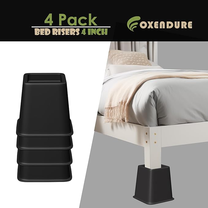 Bed Furniture Riser 4 inches, Versatile Bed and Furniture Riser - Heavy Duty, Supports 550 lbs Each Riser - Set of 4, Black