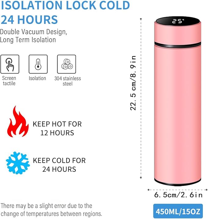 Smart Water Bottle Stainless Steel Vacuum Flask,Travel Mug with Smart LCD Touch Screen, Keep Hot Or Cold, Car Portable Travel Tea Coffee Vacuum Thermoses Cup,Insulated Water Bottle (Pink)