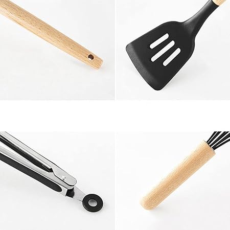 1Pcs Black Silicone Wood Turner Soup Spoon Spatula Brush Scraper Pasta Server Egg Beater Kitchen Cooking Tools Kitchenware