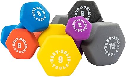 Body-Solid Tools Neoprene Dumbbell for Weight and Aerobic Training, Pilates Physical Therapy, Hand Weights for Women, Free Weights Hex End Dumbbells