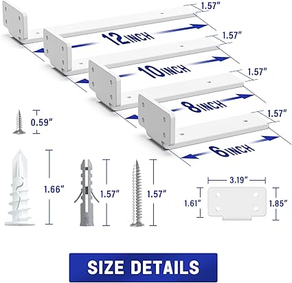 Goovilla Shelf Bracket, Heavy Duty Floating Shelf Brackets 10 inch Long, 6 Pack Brackets for Shelves, White Coated Metal Wall Shelf Support Brackets with 15 Inch Thick and 160 lb. Load Capacity
