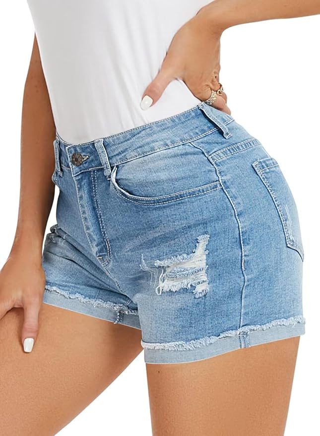 FEKOAFE 2025 Womens Casual Mid/High Waisted Denim Shorts Summer Stretchy Ripped Jean Shorts for Women