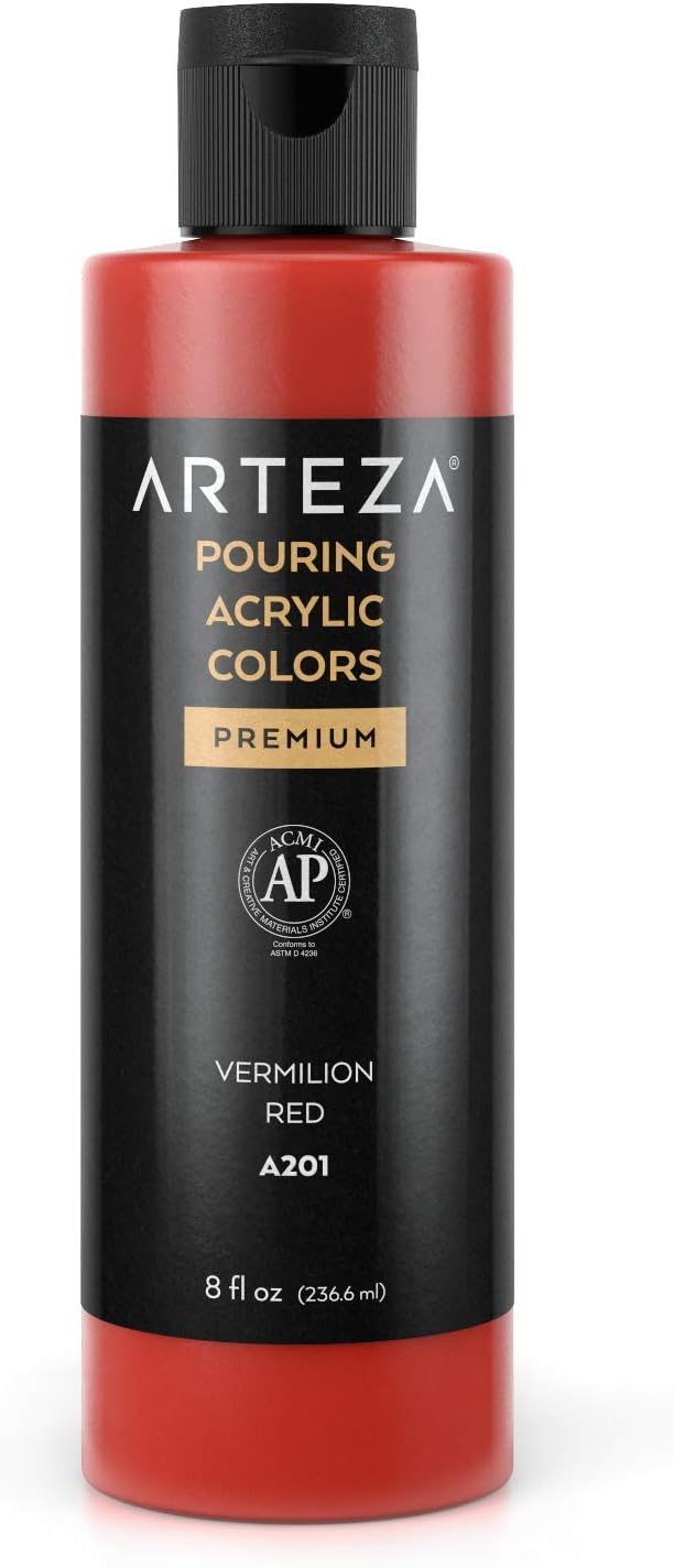 ARTEZA Acrylic Pouring Paint, 8 oz (236 ml), A201 Vermilion Red, High-Flow Acrylic Paint, No Mixing Needed, Paint for Pouring on Canvas, Glass, Paper, Wood, Tile, and Stones