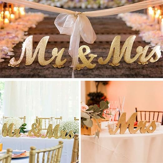Adeeing Mr and Mrs Signs Wedding Sweetheart Table Decorations Glitter Wooden Freestanding Letters for Photo Props, Rustic Wedding Decoration, Anniversary Wedding Shower Gift (Golden)
