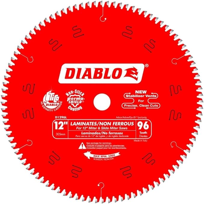 Diablo Saw Blade for Laminates and Non-Ferrous Metals - 12" Diameter, 96 TCG Teeth, 1" Arbor, .098" Kerf, 5 Hook Angle, .071" Plate, 5000 Max RPM - D1296L
