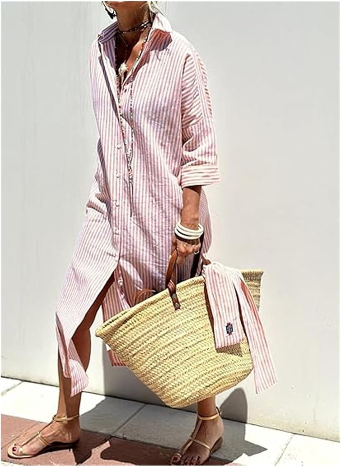 Orange Color DGDXLMPNR Shirt Dress, Striped Lace-Up Shirt Dress, Lapel Slit.