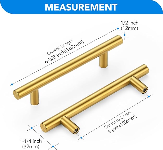Brushed Brass Cabinet Handles 4 Inch Hole Spacing, Stainless Steel Drawer Pulls for Cabinets, Kitchen, Bathroom, Dresser 5 Pack