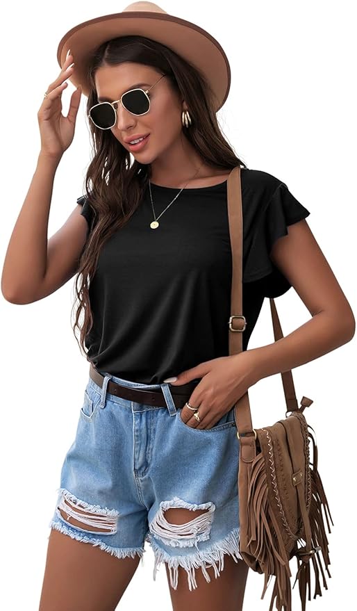 PrinStory Women's Ruffle Tops Summer Casual Short Sleeves Knit Shirts Round Neck Tunic Top for Women 2025 Fashion Trend