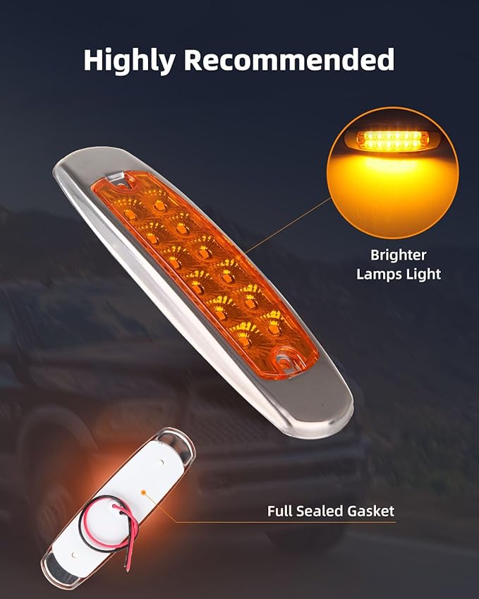 2 x 6.2 Amber 12 Diodes Side Marker Clearance Lights with Stainless Steel Bezel Side Marker Lights Front Rear Side Marker Lamp Trailer Trucks Cab Marker RV Marker Light Waterproof