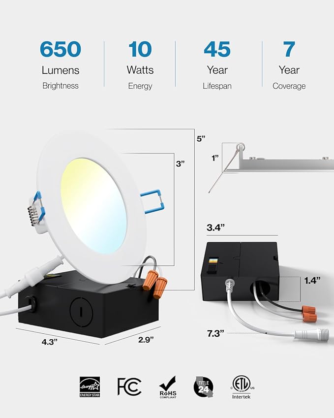 Sunco 2 Pack 4 Inch Slim LED Recessed Ceiling Lights, Selectable CCT 2700K3000K4000K5000K6000K Dimmable, 10W, Canless with Junction Box - ETL
