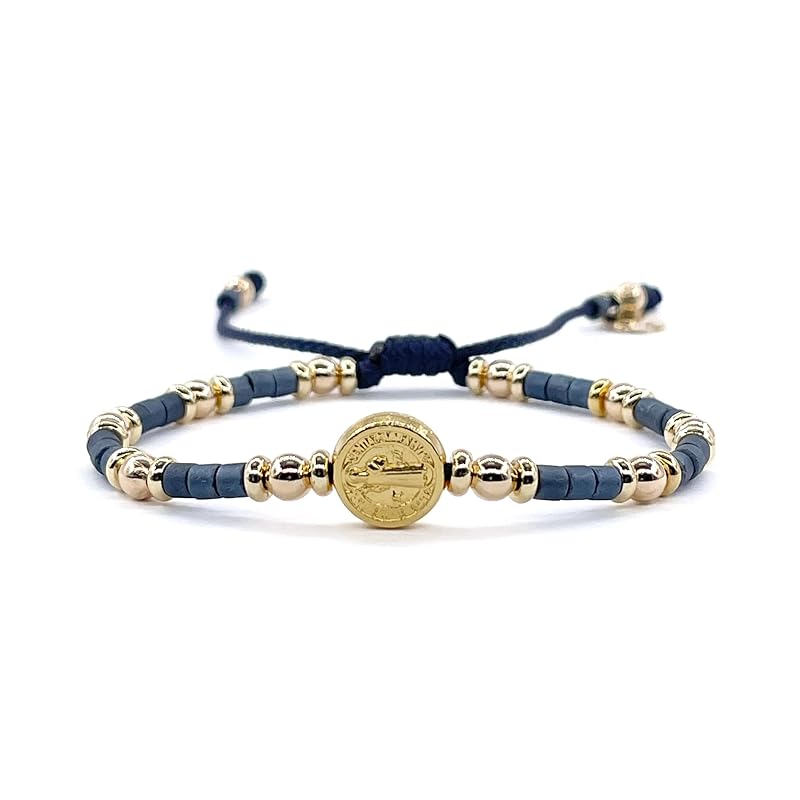 St Benedict Coin Bead Round with Miyuki seed beads and Gold Plated spacers Adjustable Bracelet for Women (Blue)