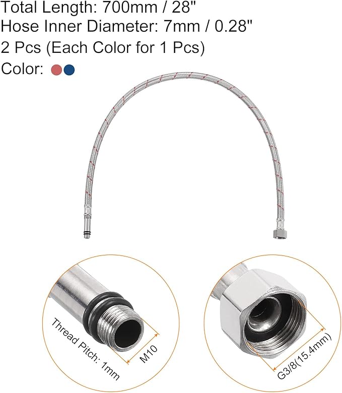 uxcell 28 Inch Long Faucet Supply Line Connector, 2pcs G38 Female Compression Thread x M10 Male Connector Braided M10x1mm 304 Stainless Steel Water Supply Hose Line