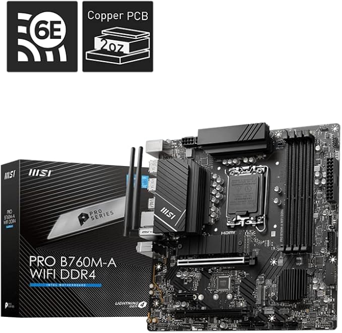 MSI PRO B760M-A WiFi DDR4 ProSeries Motherboard (Supports 12th/13th/14th Gen Intel Processors, LGA 1700, DDR4, PCIe 5.0, M.2, 2.5Gbps LAN, USB 3.2 Gen2, HDMI/DP, Wi-Fi 6E, Bluetooth 5.3, mATX)