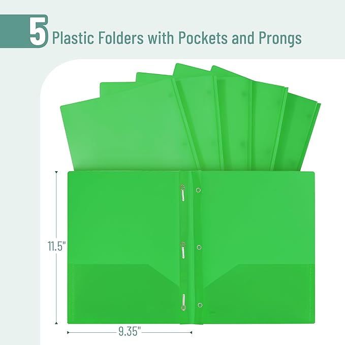 Mr. Pen- Plastic Folders with Pockets and Prongs, 5 Pack, Green, Pocket Folders, Folders with Prongs, File Folders with Fasteners, 2 Pocket Folder, Folder with Pockets, Two Pocket Folder