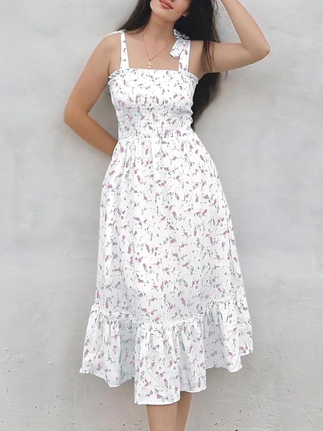 Imily Bela Womens Summer Dress Tie Strap Boho Floral Square Neck Smocked Ruffle A Line Beach Maxi Dresses