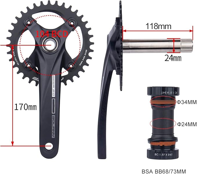 BOLANY Bike Cranksets 170mm Hollow Integrated 104BCD Single Speed Round Chainring 34T36T MTB Crankset with Bottom Bracket