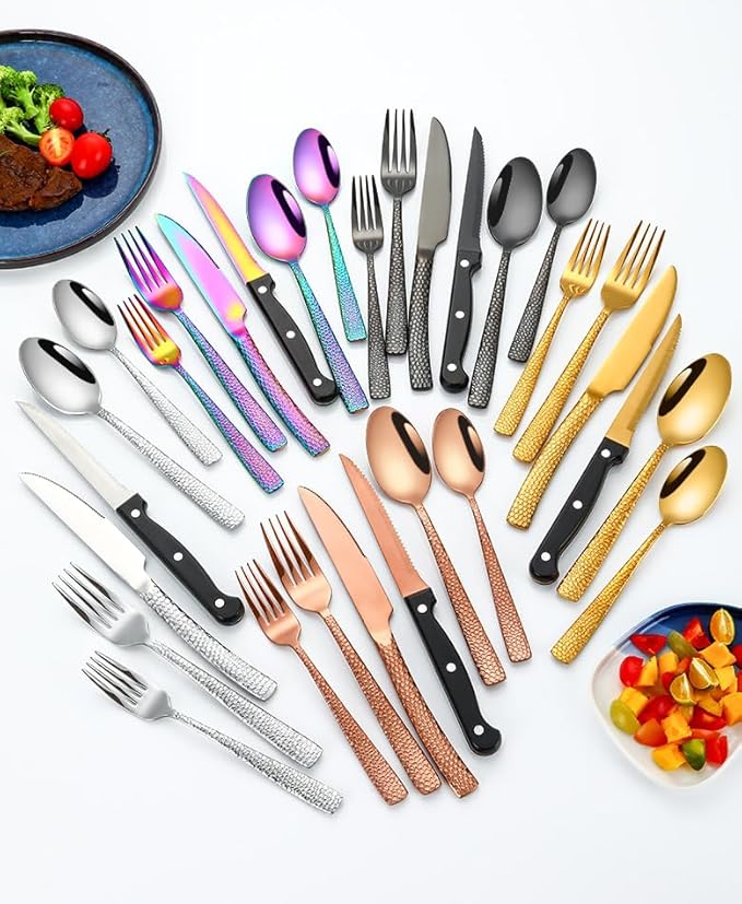 Silverware Flatware Set, 14681012 Pieces Stainless Steel Water Cube Cutlery Knife Hotel Family Hammered Steak Knife(Black,1 Piece)