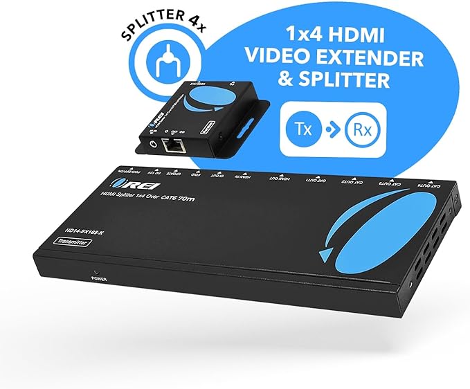 OREI 4K 1x4 HDMI Extender Splitter Over CAT67 Ethernet Cable Up to 4K30Hz upto 165 ft-1080P60Hz upto 230 ft, IR control, EDID, HDMI Loop Out (HD14-EX165-K)