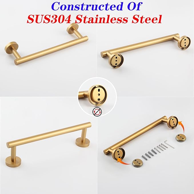 GERZWY 12-Inch Bathroom Towel Bar Modern Round Style Gold Stainless Steel Hand Towel Holder Wall Mount AG1101C30.5-BE