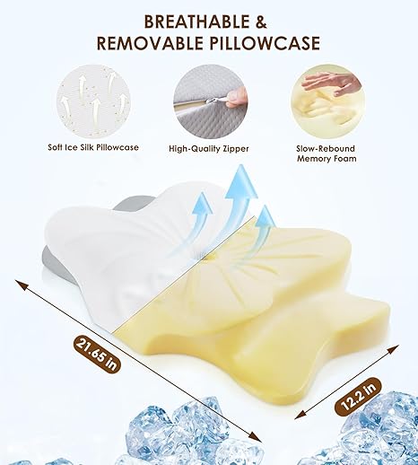 Cervical Pillow for Neck Shoulder, Ergonomic Contour Memory Foam Pillows for Sleeping with Washable Pillowcase, Cooling Neck Support Pillow for Side Back Stomach Sleeper-Grey-Standard Size