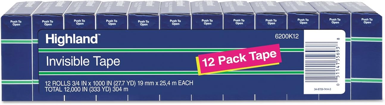 Highland Invisible Permanent Mending Tape, 1" Core, 0.75" X 83.33 Ft, Clear, 12Pack