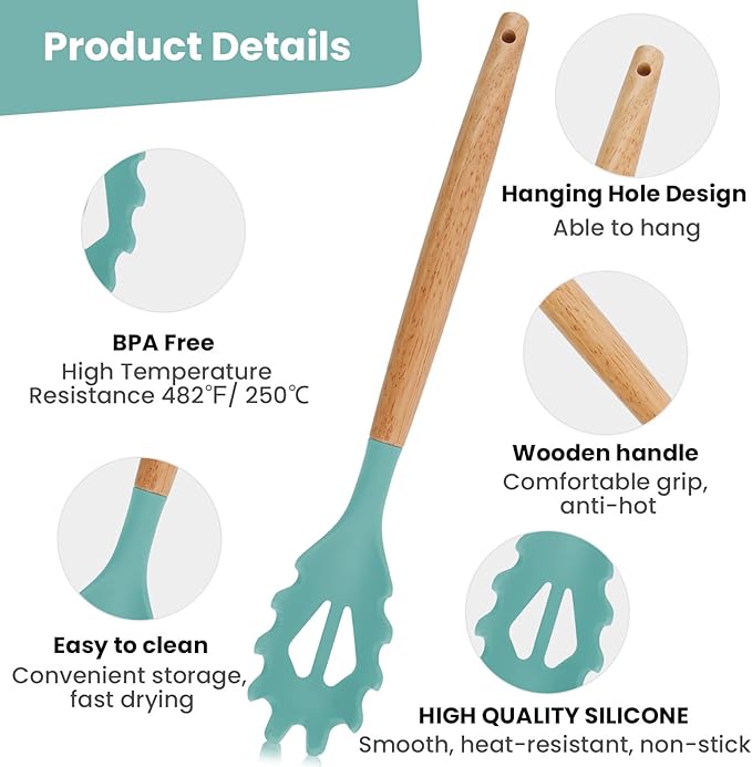 Silicone Spaghetti Spoon, Pasta Fork, 12.6 Inch Noodle Spoon, Pasta Spoon with Wooden Handle, Spaghetti Server for Cooking, BPA Free, Green