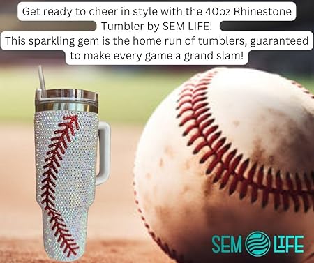 40 Oz Rhinestone Bling Tumbler Cup with Handle and Straw (BASEBALL), Stainless Steel and Double Wall Insulated