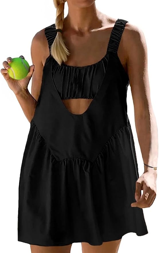 AnotherChill Womens Tennis Dress Built-in Bra Matching Shorts Pockets Workout Dresses Athletic Outfits Cut Out Two Piece