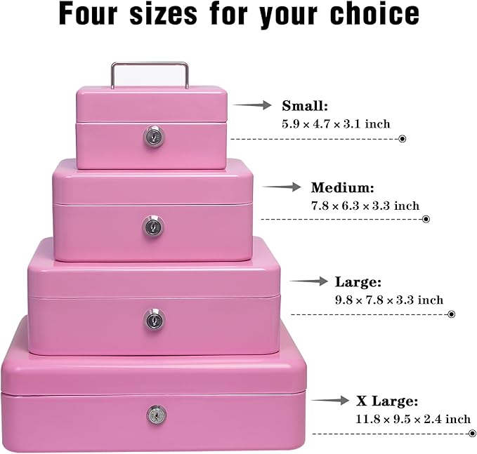 Steel Cash Box with Key Lock, Metal Small Money Organizer with Money Tray,Cash Storage Box with Lockable Cover (Pink - 11.8" x 9.4" x 3.5")