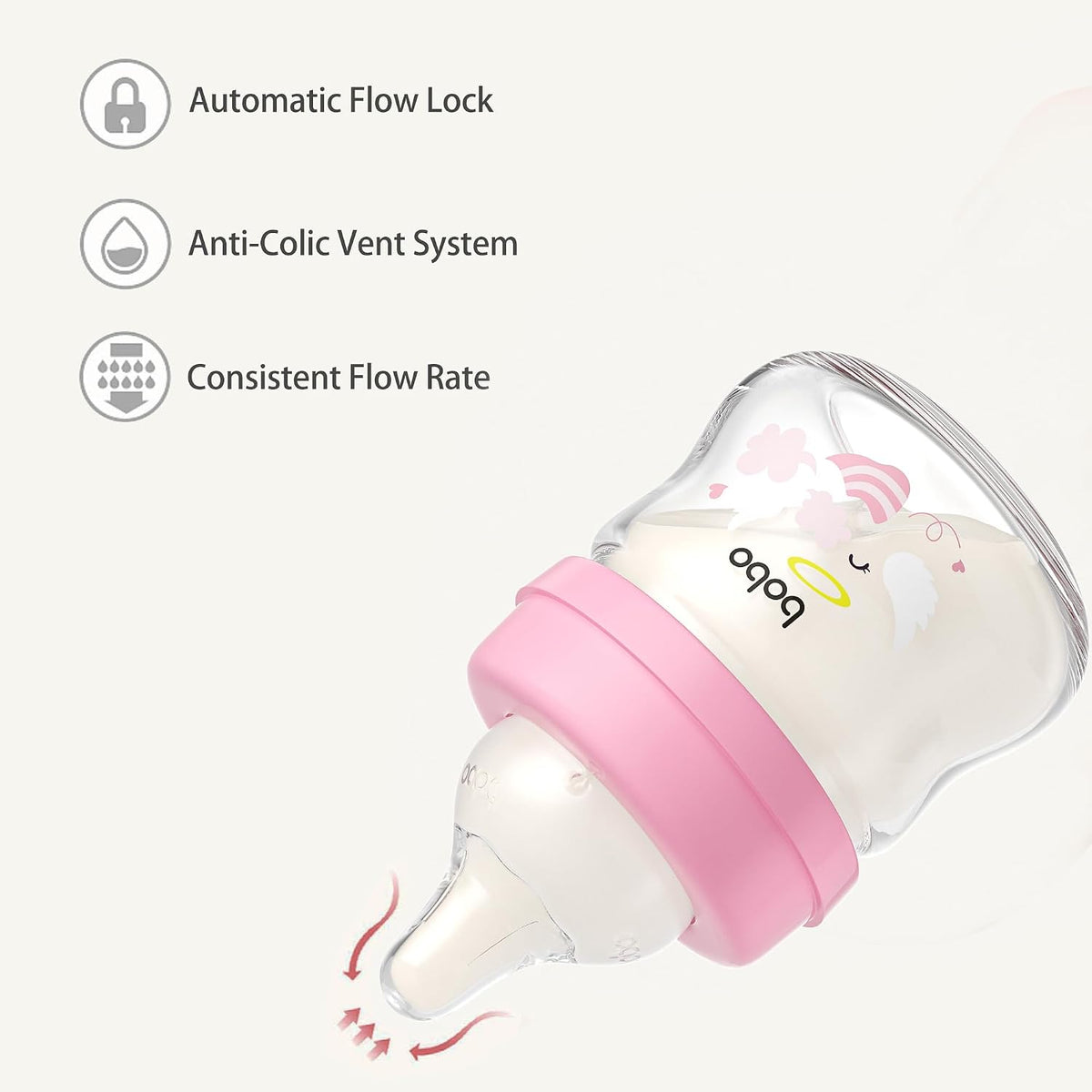 YOHKOH Glass Baby Bottles with Slow Flow Nipple, Newborn Anti-Colic Baby Bottles for 0+ Months, Wide Neck Feeding Bottle, Clear (Red, 2.7oz (Pack of 1)