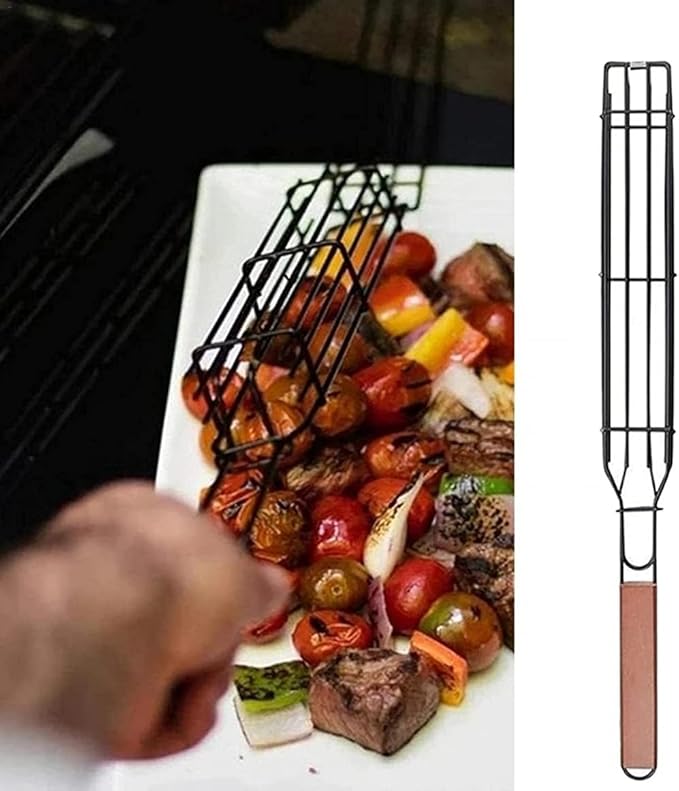 Barbecue Basket Durable Convenient Grill Basket with Long Wooden Handle Stainless Steel Grill Tray for Vegetable Fried Sausage Meat