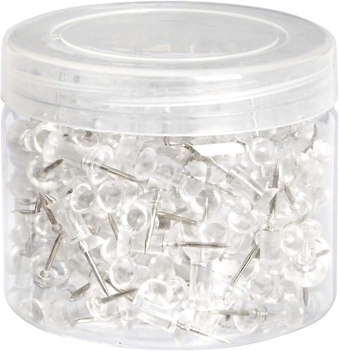 Basics Push Pins Tacks, Steel Point, Clear Plastic Head, for Bulletin Board, Maps, Posters, and Craft Projects, 200-Pack