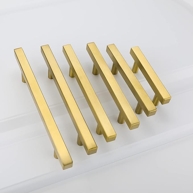 goldenwarm Gold Cabinet Pulls Brushed Brass Kitchen Cabinet Handles 2Pack - LS1212GD102 Square Gold Drawer Pulls for Dresser Modern Hardware 4in(102mm) Hole Center