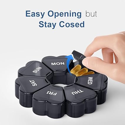 Large Weekly Pill Organizer, Pill Box 7 Day, KAPENS Daily Vitamin Case Large Capacity Compartments, Pill Containers for Fish Oil Medicine Supplements, Black