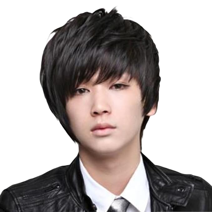OMORFIEER Cool Mens Boys Short 25cm Straight Black Hair Party Heat Resistant Cosplay Wig