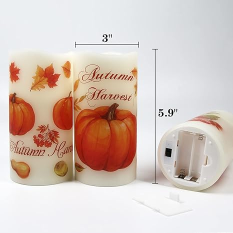 Lordearon Fall Pumpkin Flameless Candles Real Wax LED Battery Operated Pillar Candles with Timer, Thanksgiving Decor Set of 3,Warm Light