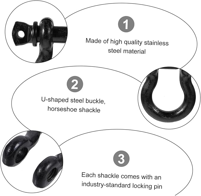 58-inch heavy duty stainless steel D-ring shackles, D-ring shackles, black vehicle hitch recovery shackle