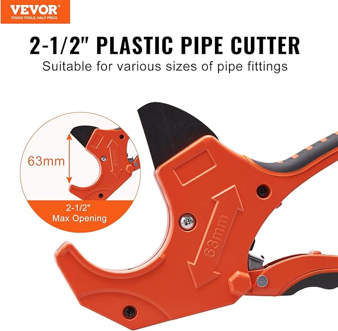 VEVOR PVC Pipe Cutter, Up to 2-12" O.D. Ratchet Pipe Cutter Heavy Duty, Professional Tube Cutting Tool with SK5 Steel Blade Ergonomic Handle, Uses for PVC, CPVC, PP-R, PEX, PE, Rubber Hose
